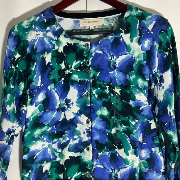 Jones New York Blue Green White 3/4 Sleeves Button Up Sweater Round Neck Size M - Picture 5 of 16